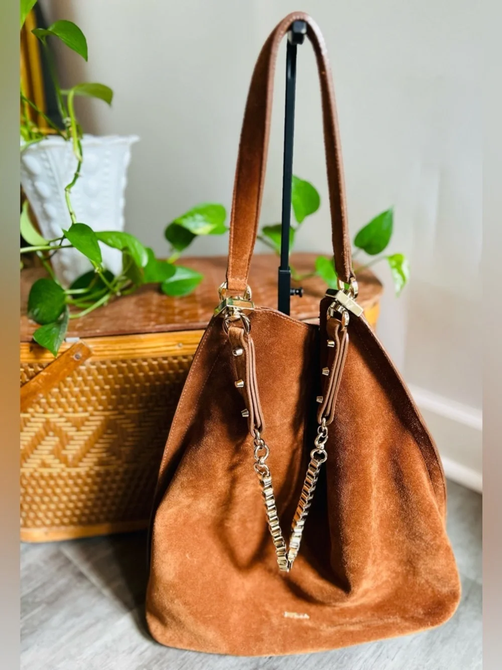 Furla Minerva Suede Hobo Bag Brown Chain Strap Shoulder Boho Luxe Italy Chic